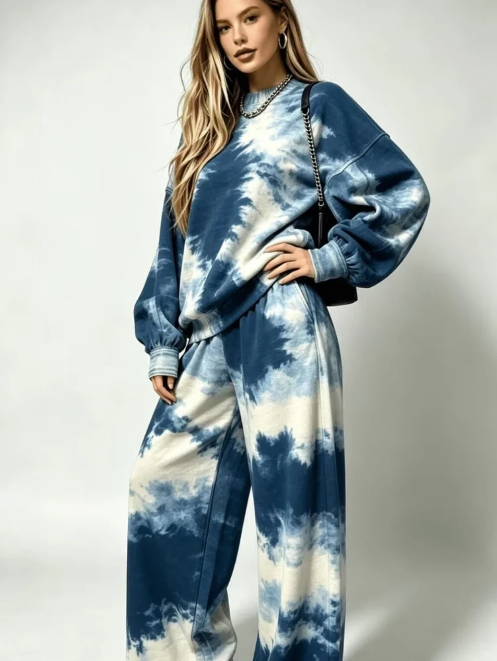 Blue Tie Dye Wide Leg Sweatpants and Sweatshirt Set